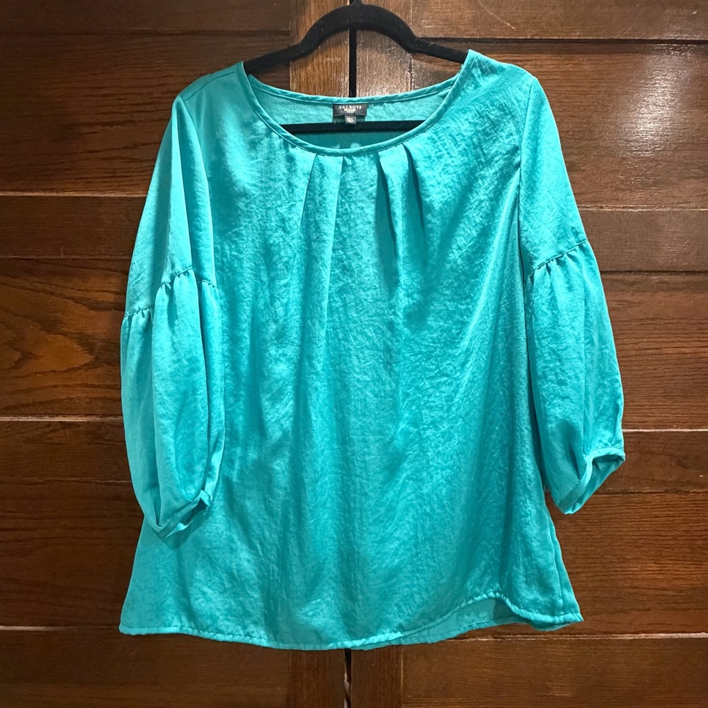 ✅ Talbots 12W plus Aqua teal Blouse top shirt 3/4 length Gathered puffy Sleeves
